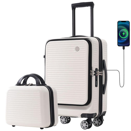 20-Inch Carry-on Luggage with Front Pocket, USB Port, and Carrying Case - White_1