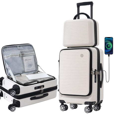 20-Inch Carry-on Luggage with Front Pocket, USB Port, and Carrying Case - White_0