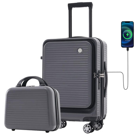 20-Inch Carry-on Luggage with Front Pocket, USB Port, and Carrying Case - Grey_1