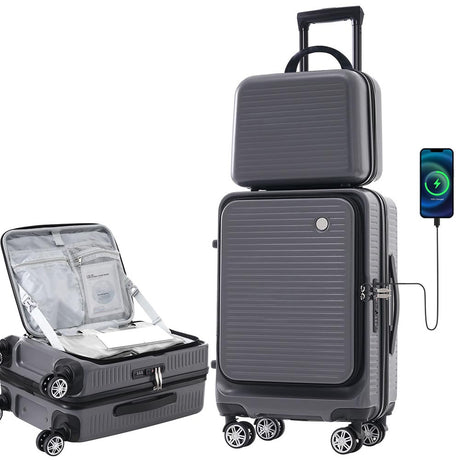 20-Inch Carry-on Luggage with Front Pocket, USB Port, and Carrying Case - Grey_0