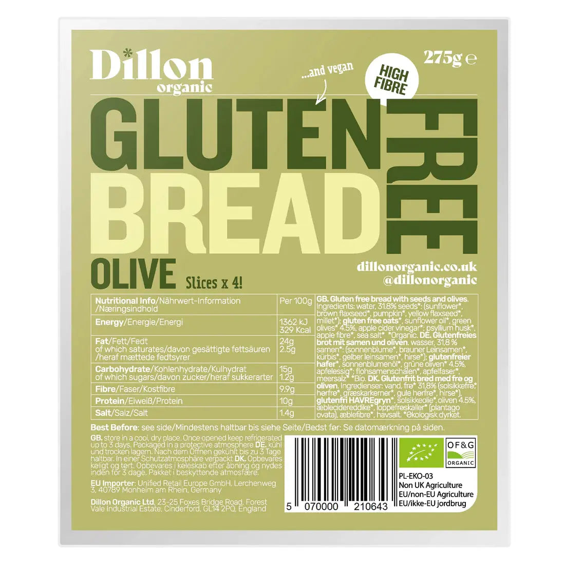 Dillon Organic Gluten Free Sliced Bread - Olive 270g - Sweet Victory Products Ltd