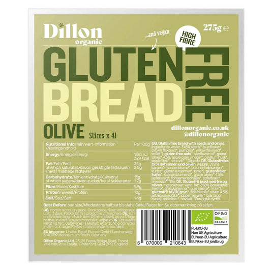 Dillon Organic Gluten Free Sliced Bread - Olive 270g - Sweet Victory Products Ltd