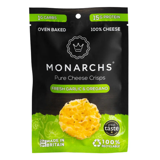 Monarchs Pure Cheese Crisps Fresh Garlic &amp; Oregano 32g - Sweet Victory Products Ltd