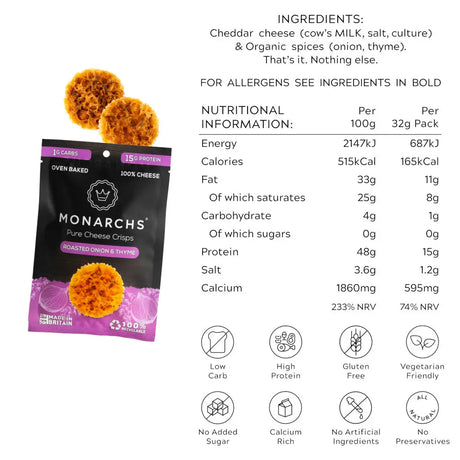 Monarchs Pure Cheese Crisps - Roasted Onion 32g - Sweet Victory Products Ltd