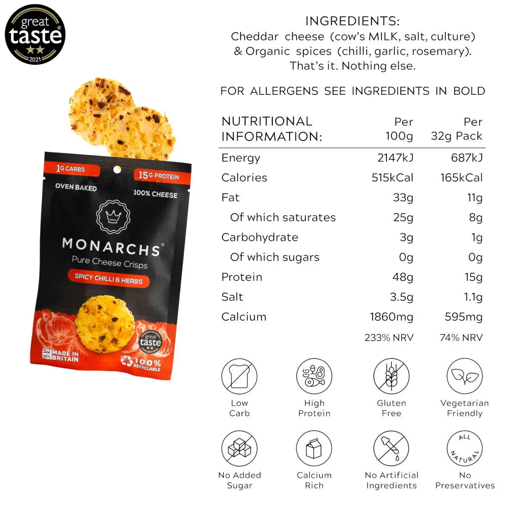 Monarchs Pure Cheese Crisps Spicy Chilli And Herbs 32g - Sweet Victory Products Ltd