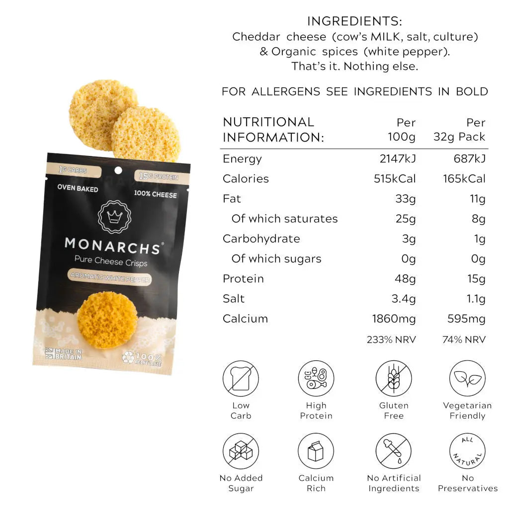 Monarchs Pure Cheese Crisps Aromatic White Pepper 32g - Sweet Victory Products Ltd