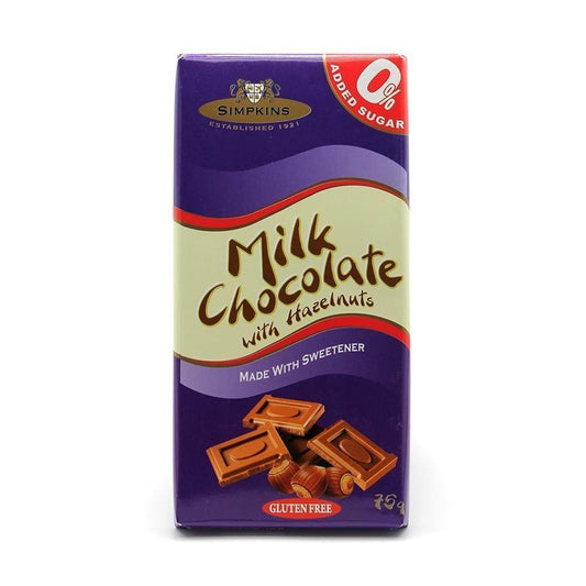 Simpkins No Added Sugar Gluten Free Milk Hazelnut Chocolate Bar 75g - Sweet Victory Products Ltd