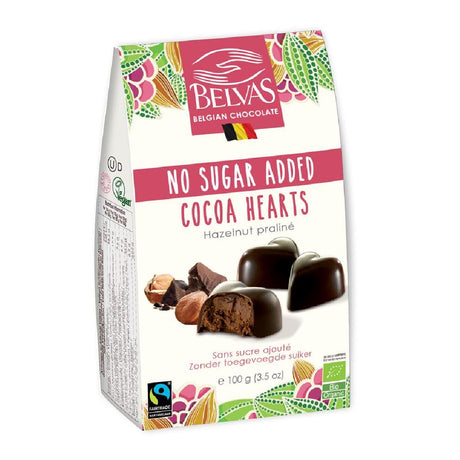 Belvas Hazelnut Praline Cocoa Hearts No Added Sugar 100g - Sweet Victory Products Ltd
