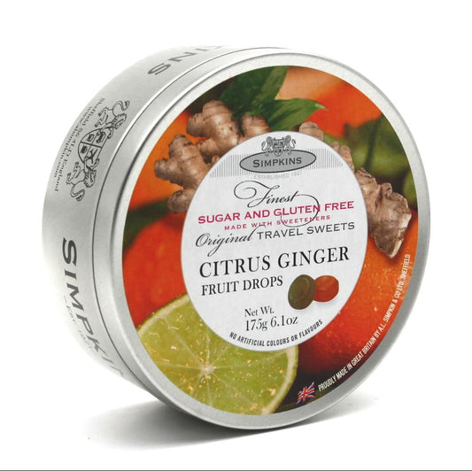 Simpkins Sugar Free Citrus Ginger Drops Travel Tin - Sweet Victory Products Ltd